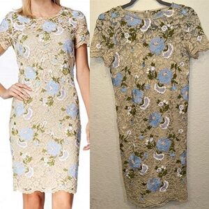 Calvin Klein Tan & Opal Blue Size 2 Floral Lace Embroidered Sheath Pencil Dress
